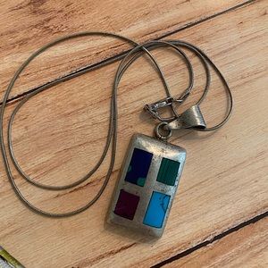 Vintage Sterling Silver Pendant with Turquoise and Malachite